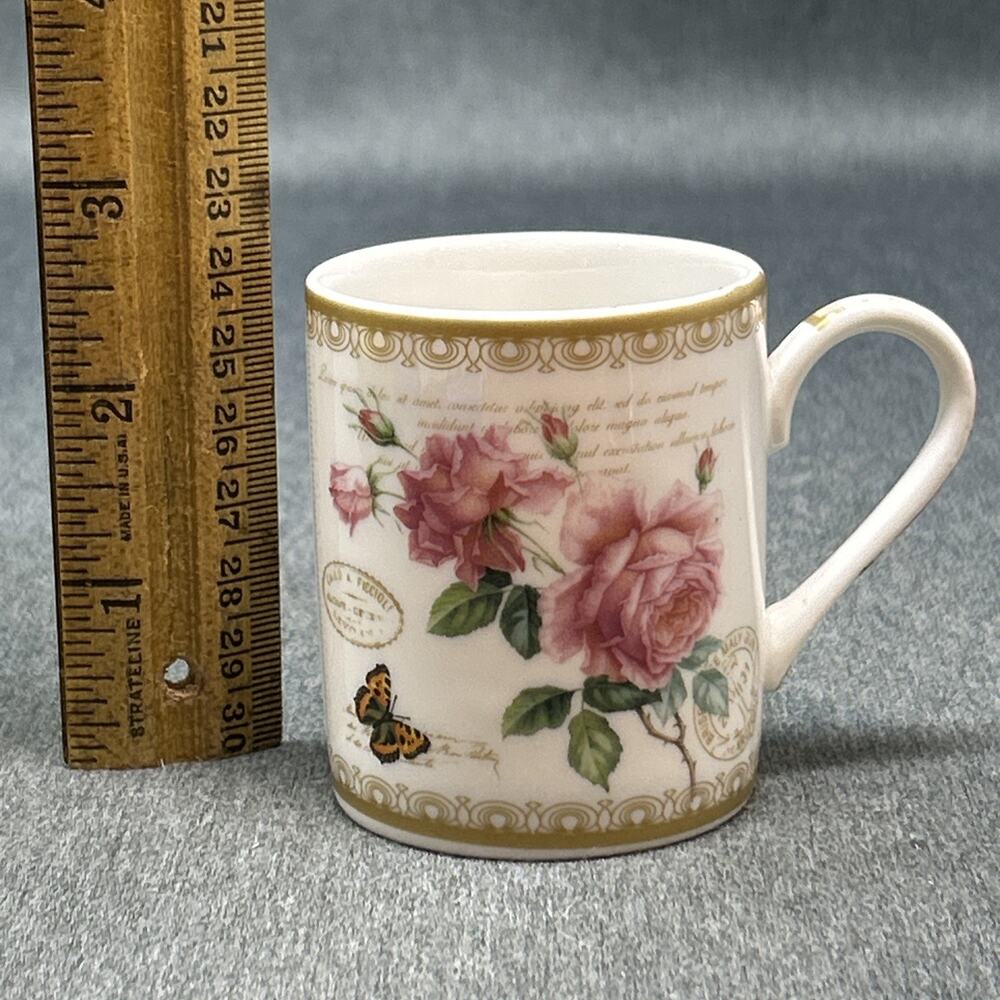 Kent Pottery Espresso Cup Mini 3” Romantic Flowers Butterfly Fancy Border
